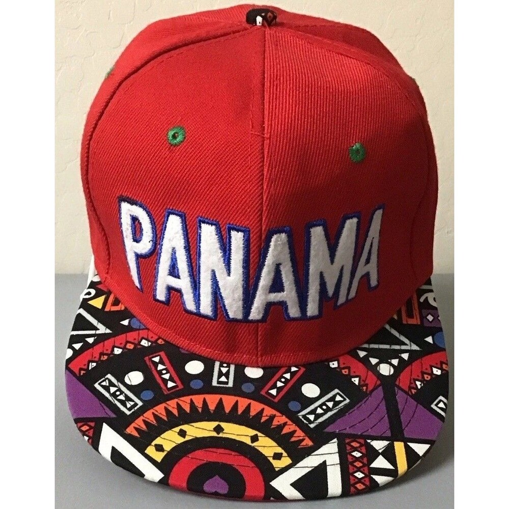 PANAMA Embroidered Red Snapback Cap Hat Multicolor Geometric FlatBrim Adjustable